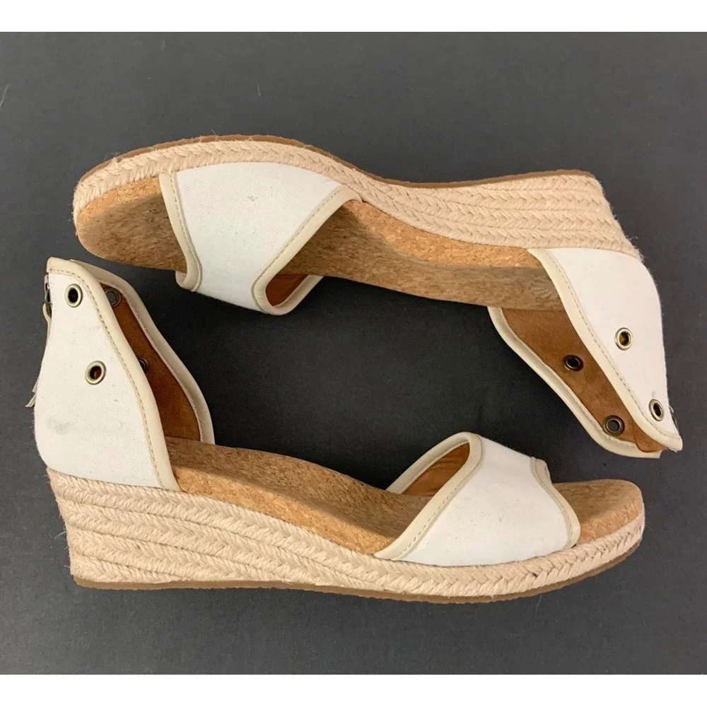 UGG Canvas Espadrille Wedge Sandals Cream Cork Jute Sz 7 Back Zip Open Toe